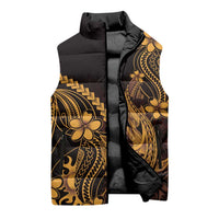 Gold Black Aloha Hawaii Sleeveless Puffer Jacket Polynesian Shark Tattoo With Plumeria - Polynesian Pride