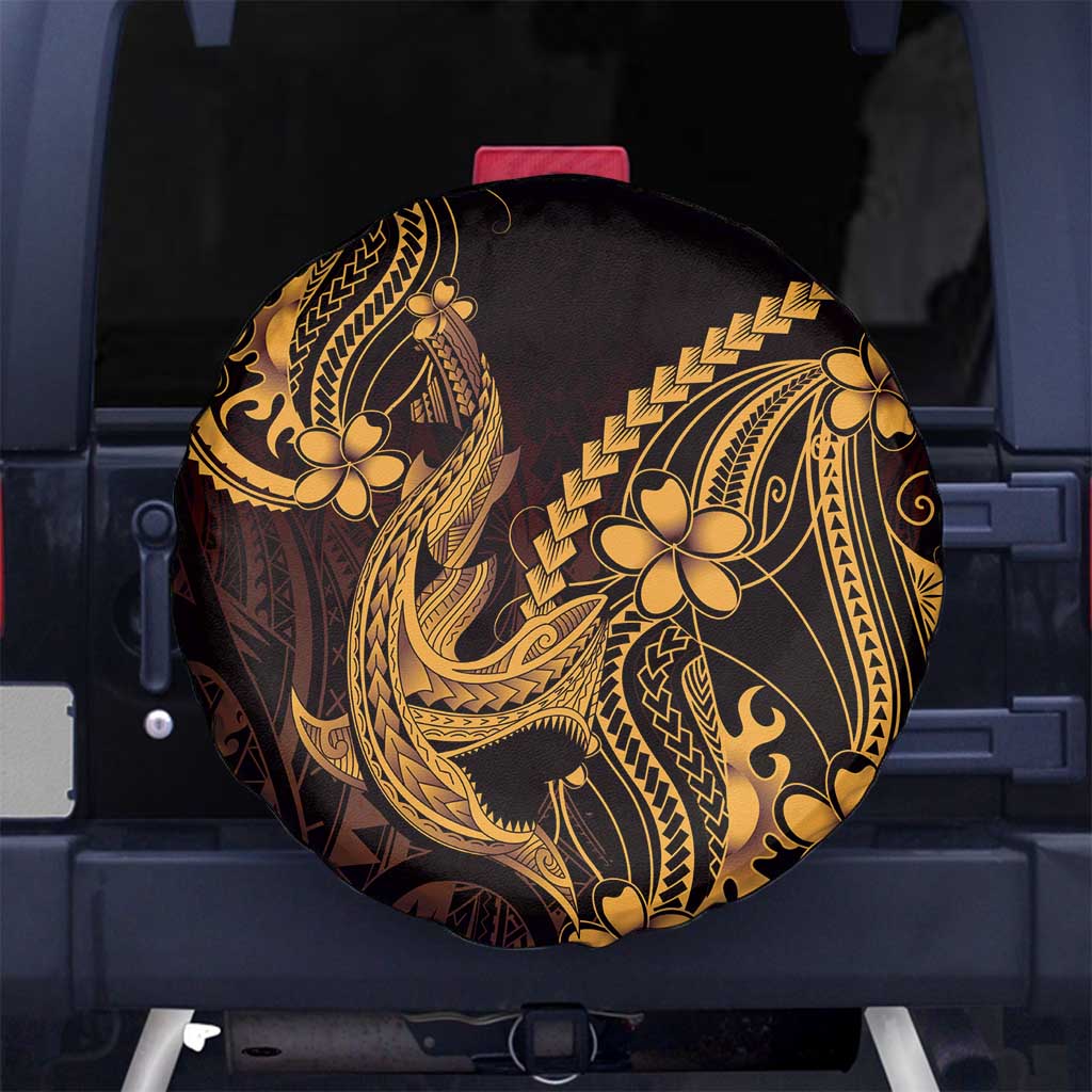 Gold Black Aloha Hawaii Spare Tire Cover Polynesian Shark Tattoo With Plumeria - Polynesian Pride