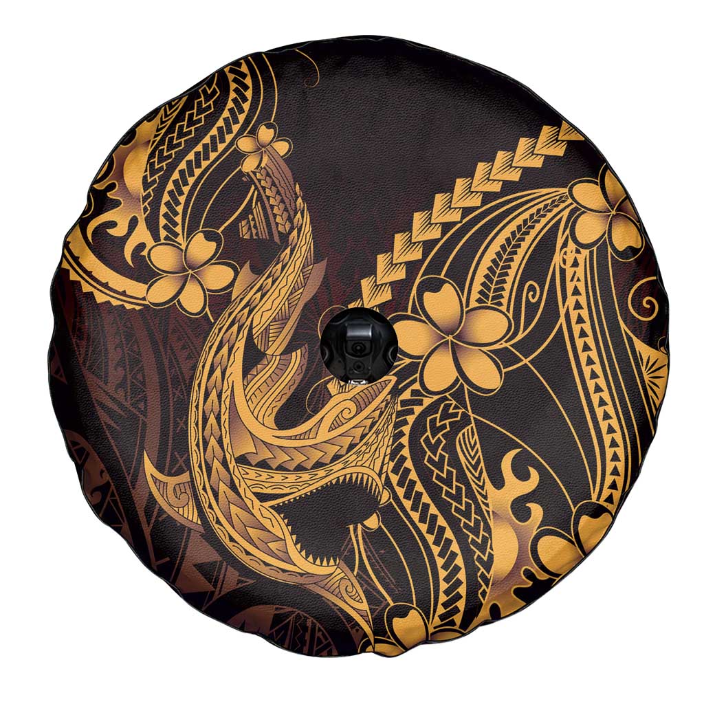 Gold Black Aloha Hawaii Spare Tire Cover Polynesian Shark Tattoo With Plumeria - Polynesian Pride