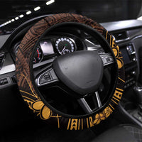 Gold Black Aloha Hawaii Steering Wheel Cover Polynesian Shark Tattoo With Plumeria - Polynesian Pride