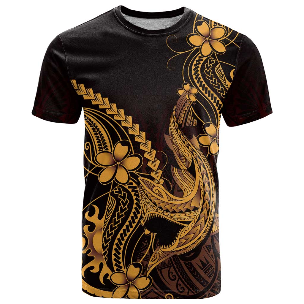 Gold Black Aloha Hawaii T Shirt Polynesian Shark Tattoo With Plumeria - Polynesian Pride