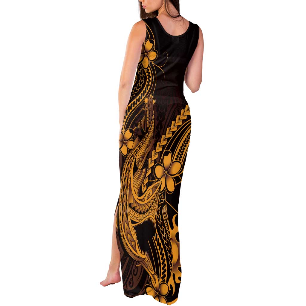 Gold Black Aloha Hawaii Tank Maxi Dress Polynesian Shark Tattoo With Plumeria - Polynesian Pride