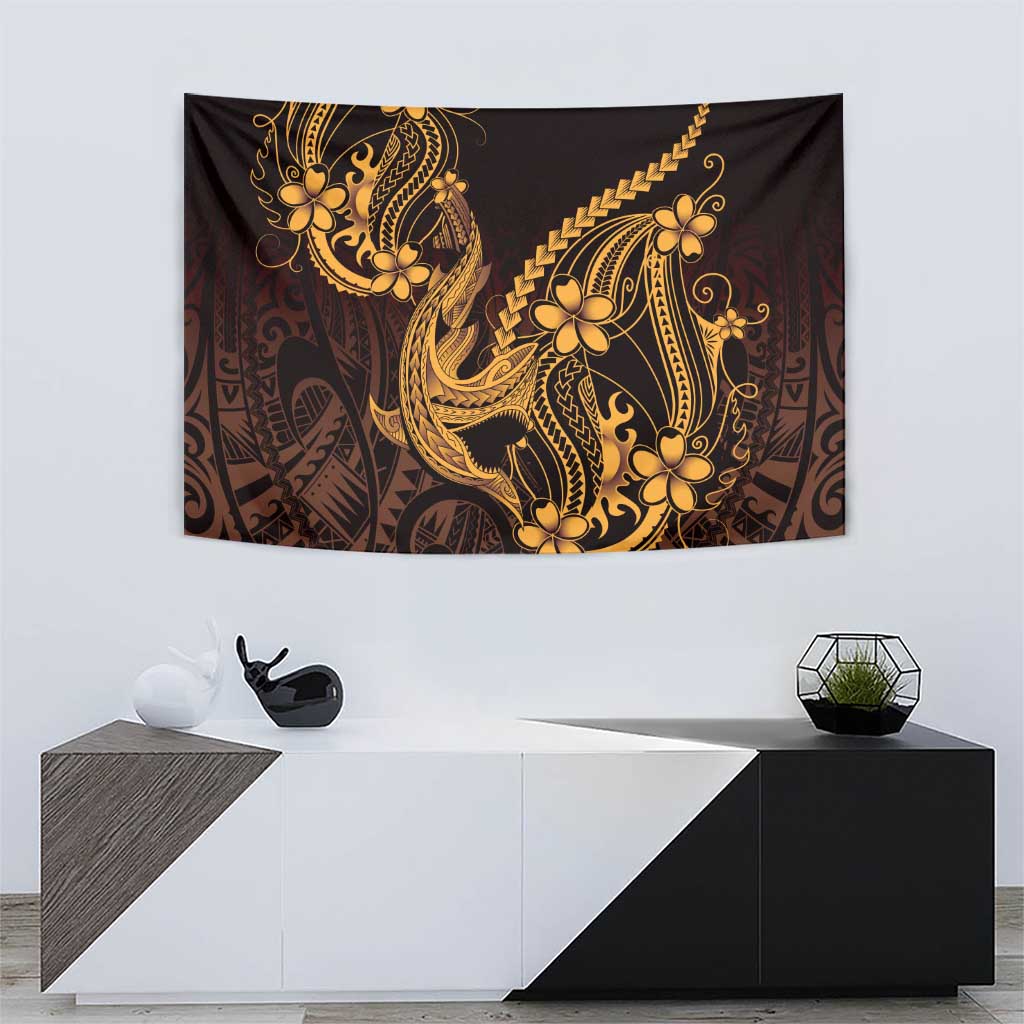 Gold Black Aloha Hawaii Tapestry Polynesian Shark Tattoo With Plumeria - Polynesian Pride