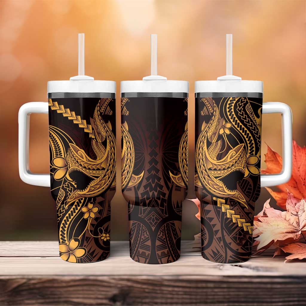Gold Black Aloha Hawaii Tumbler With Handle Polynesian Shark Tattoo With Plumeria - Polynesian Pride