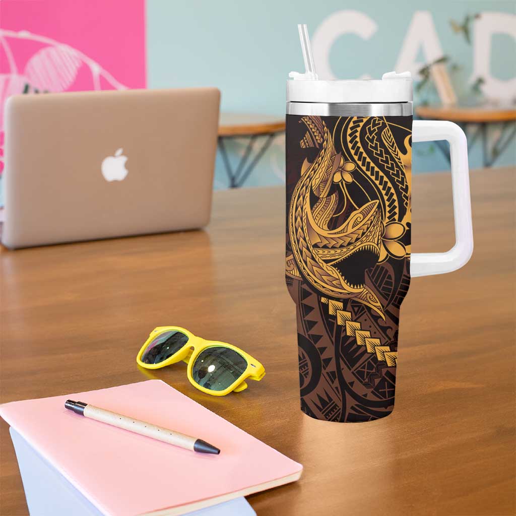 Gold Black Aloha Hawaii Tumbler With Handle Polynesian Shark Tattoo With Plumeria - Polynesian Pride