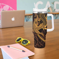 Gold Black Aloha Hawaii Tumbler With Handle Polynesian Shark Tattoo With Plumeria - Polynesian Pride