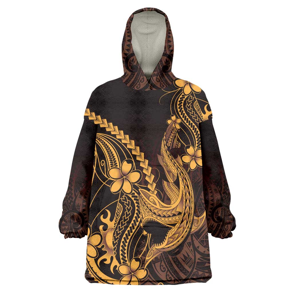 Gold Black Aloha Hawaii Wearable Blanket Hoodie Polynesian Shark Tattoo With Plumeria - Polynesian Pride