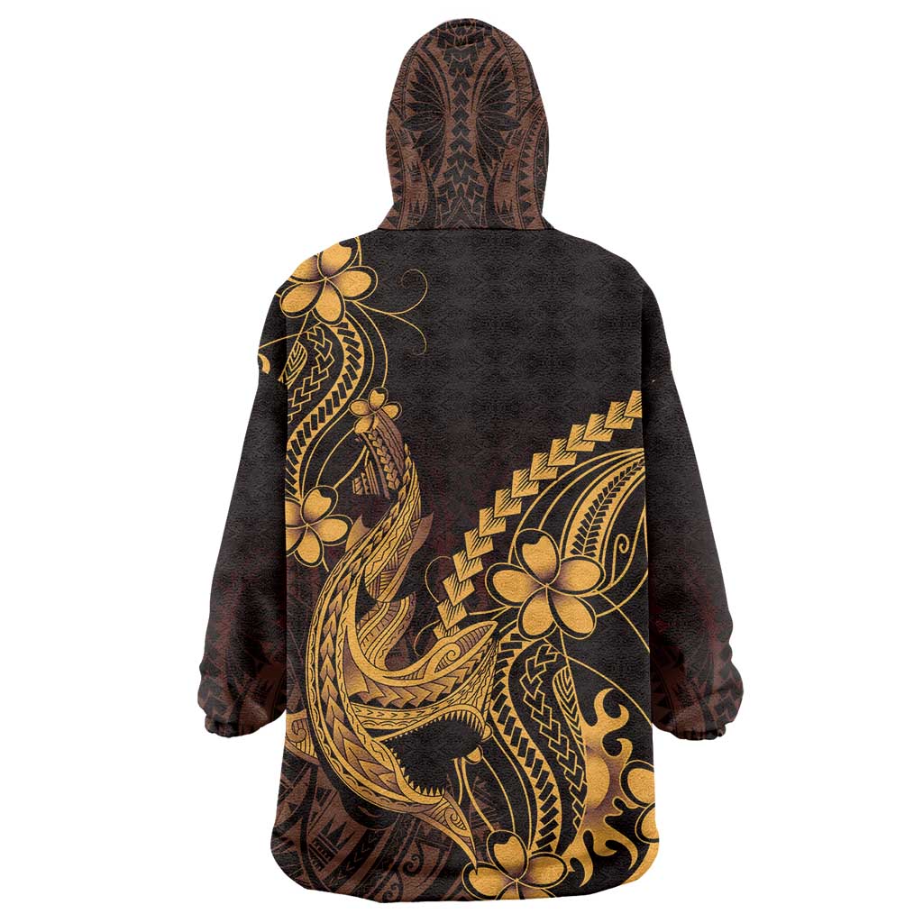 Gold Black Aloha Hawaii Wearable Blanket Hoodie Polynesian Shark Tattoo With Plumeria - Polynesian Pride
