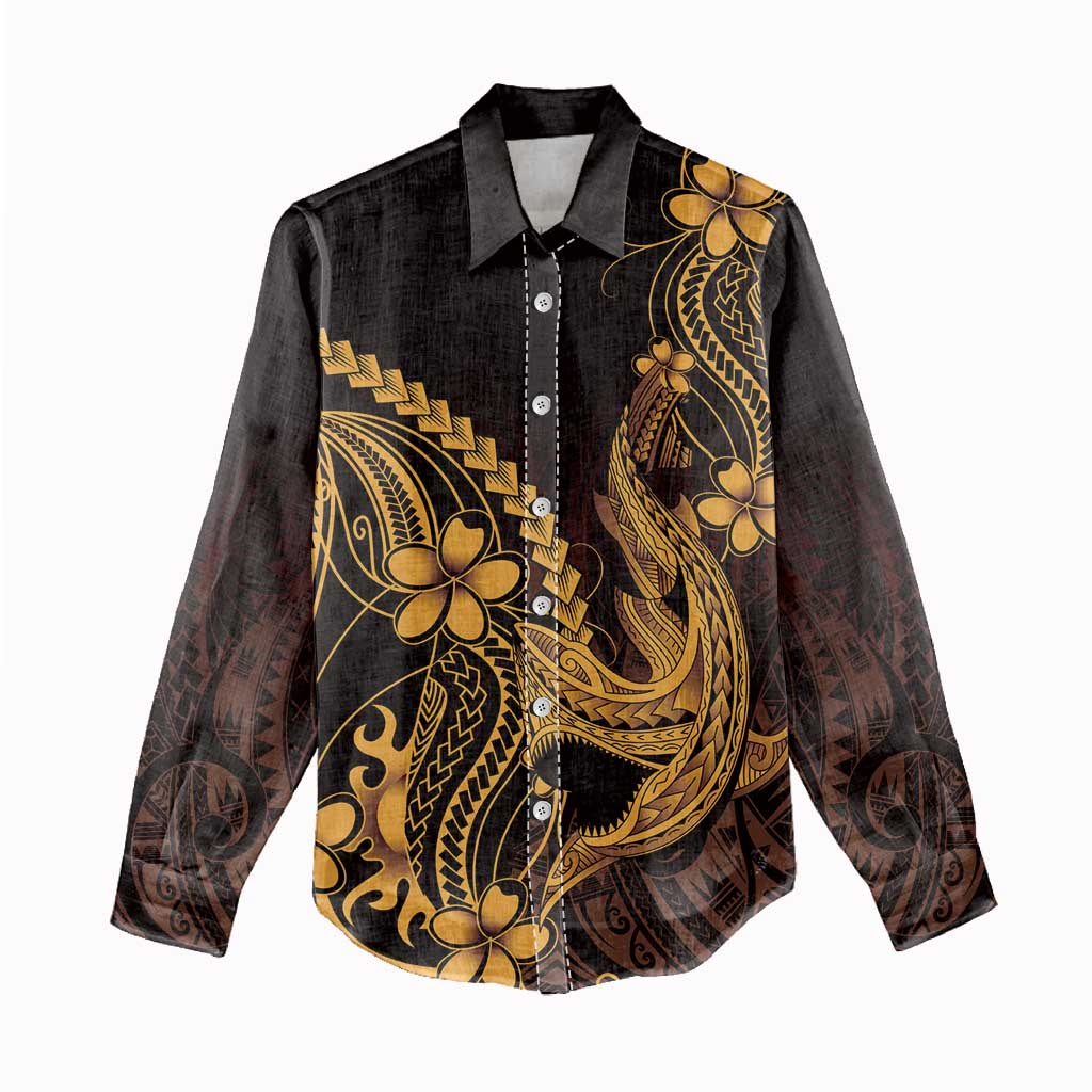 Gold Black Aloha Hawaii Women Casual Shirt Polynesian Shark Tattoo With Plumeria - Polynesian Pride