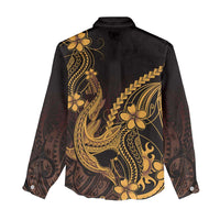 Gold Black Aloha Hawaii Women Casual Shirt Polynesian Shark Tattoo With Plumeria - Polynesian Pride