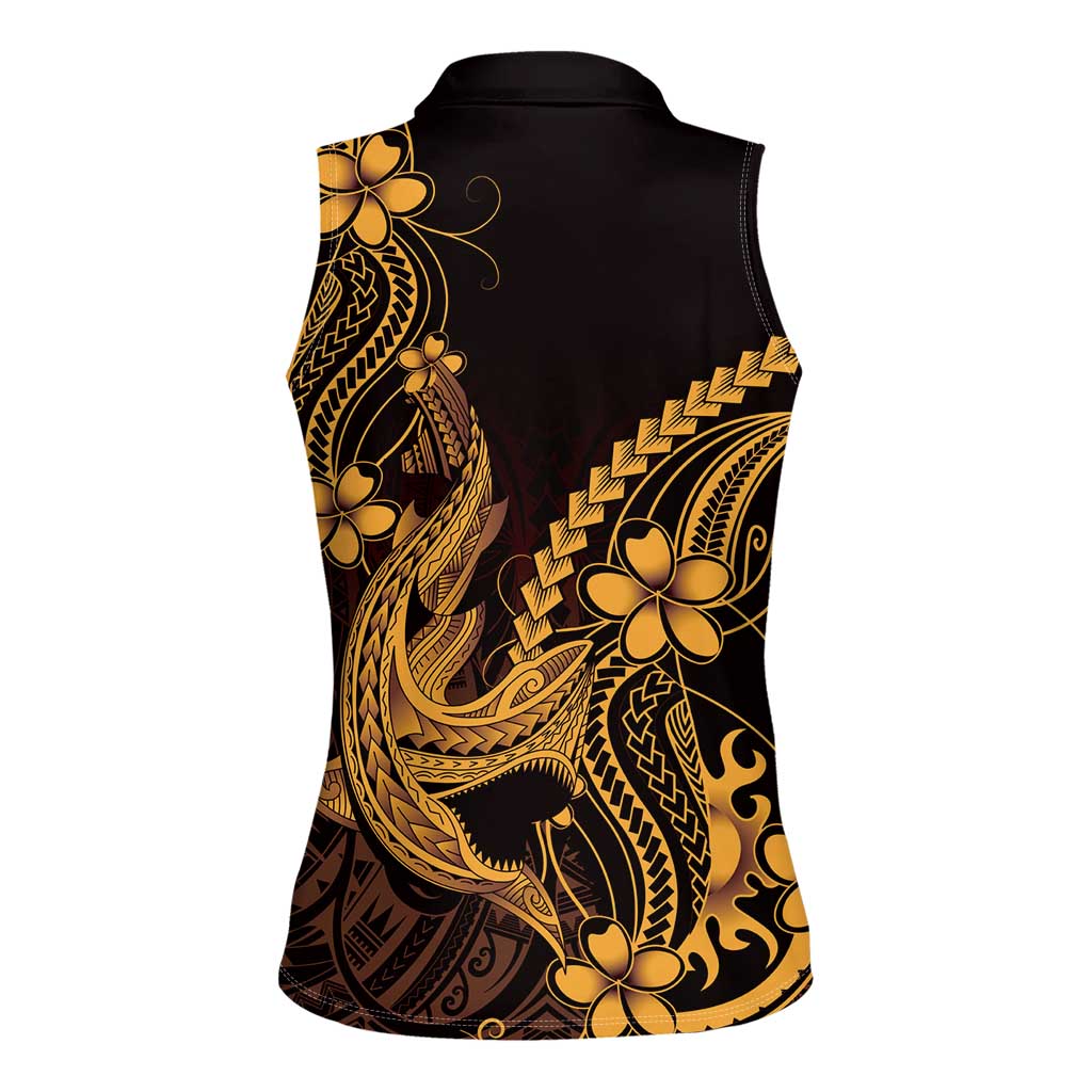 Gold Black Aloha Hawaii Women Sleeveless Polo Shirt Polynesian Shark Tattoo With Plumeria - Polynesian Pride