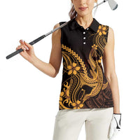 Gold Black Aloha Hawaii Women Sleeveless Polo Shirt Polynesian Shark Tattoo With Plumeria - Polynesian Pride