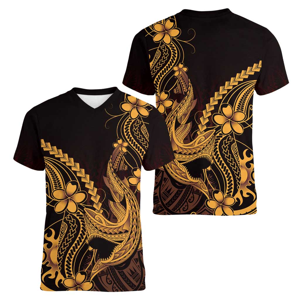 Gold Black Aloha Hawaii Women V-Neck T-Shirt Polynesian Shark Tattoo With Plumeria - Polynesian Pride