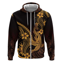 Gold Black Aloha Hawaii Zip Hoodie Polynesian Shark Tattoo With Plumeria - Polynesian Pride