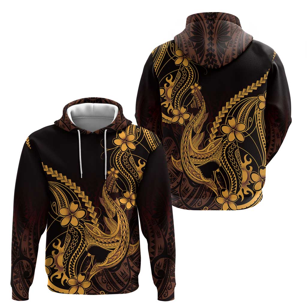 Gold Black Aloha Hawaii Zip Hoodie Polynesian Shark Tattoo With Plumeria - Polynesian Pride