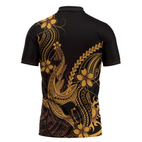 Gold Black Aloha Hawaii Zipper Polo Shirt Polynesian Shark Tattoo With Plumeria - Polynesian Pride