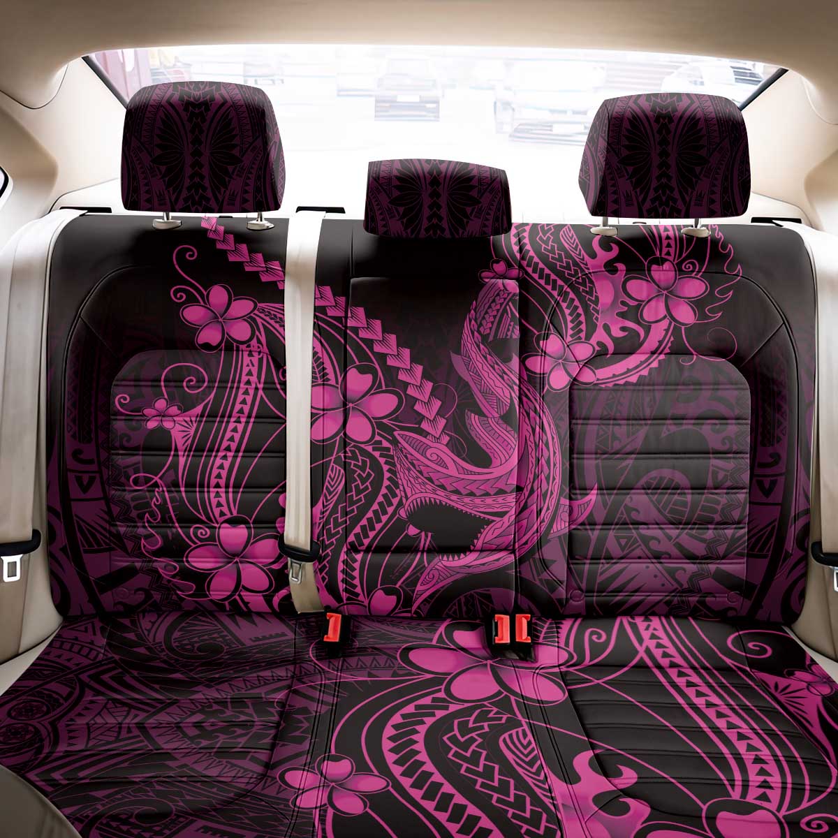 Pink Black Aloha Hawaii Back Car Seat Cover Polynesian Shark Tattoo With Plumeria - Polynesian Pride