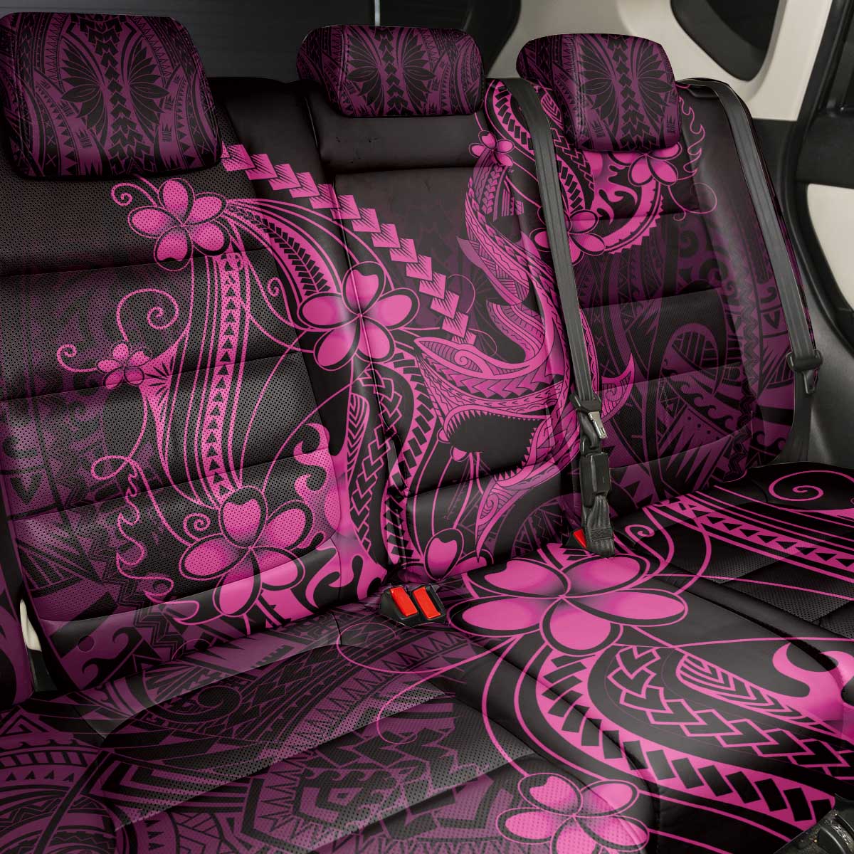 Pink Black Aloha Hawaii Back Car Seat Cover Polynesian Shark Tattoo With Plumeria - Polynesian Pride