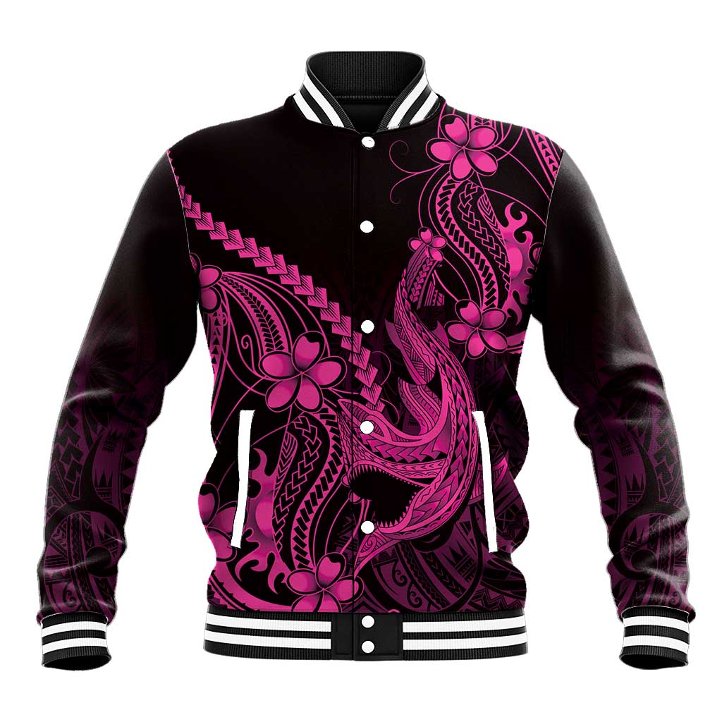 Pink Black Aloha Hawaii Baseball Jacket Polynesian Shark Tattoo With Plumeria - Polynesian Pride