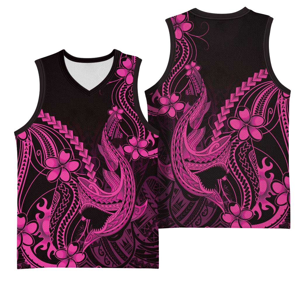 Pink Black Aloha Hawaii Basketball Jersey Polynesian Shark Tattoo With Plumeria - Polynesian Pride