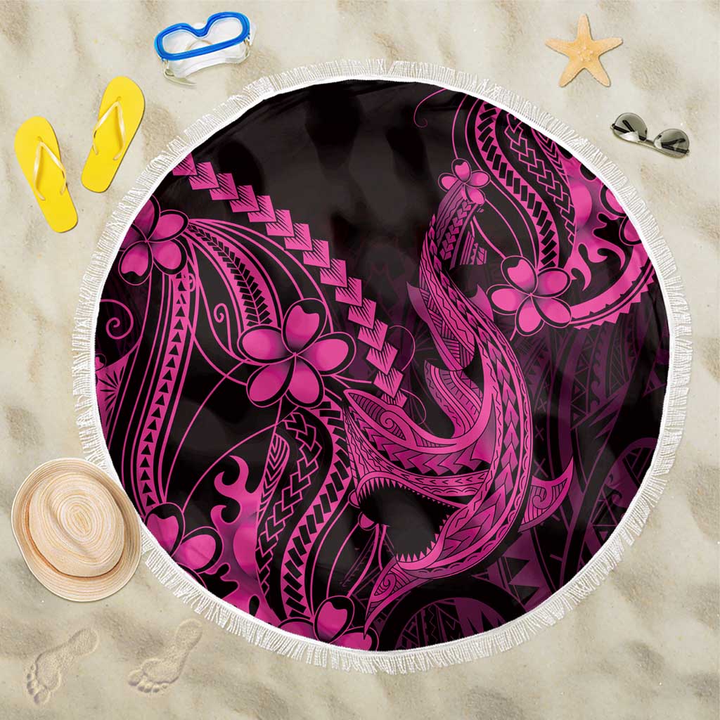 Pink Black Aloha Hawaii Beach Blanket Polynesian Shark Tattoo With Plumeria - Polynesian Pride
