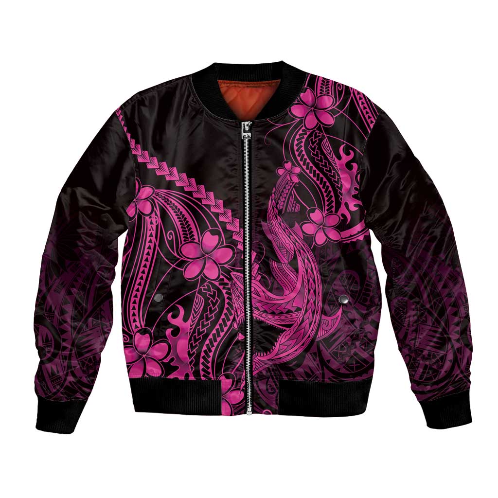 Pink Black Aloha Hawaii Bomber Jacket Polynesian Shark Tattoo With Plumeria - Polynesian Pride