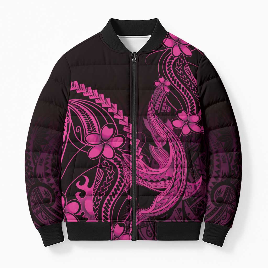 Pink Black Aloha Hawaii Bomber Puffer Jacket Polynesian Shark Tattoo With Plumeria - Polynesian Pride