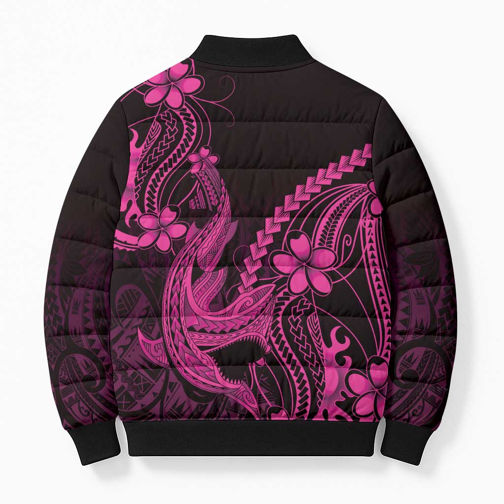 Pink Black Aloha Hawaii Bomber Puffer Jacket Polynesian Shark Tattoo With Plumeria - Polynesian Pride