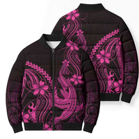 Pink Black Aloha Hawaii Bomber Puffer Jacket Polynesian Shark Tattoo With Plumeria - Polynesian Pride