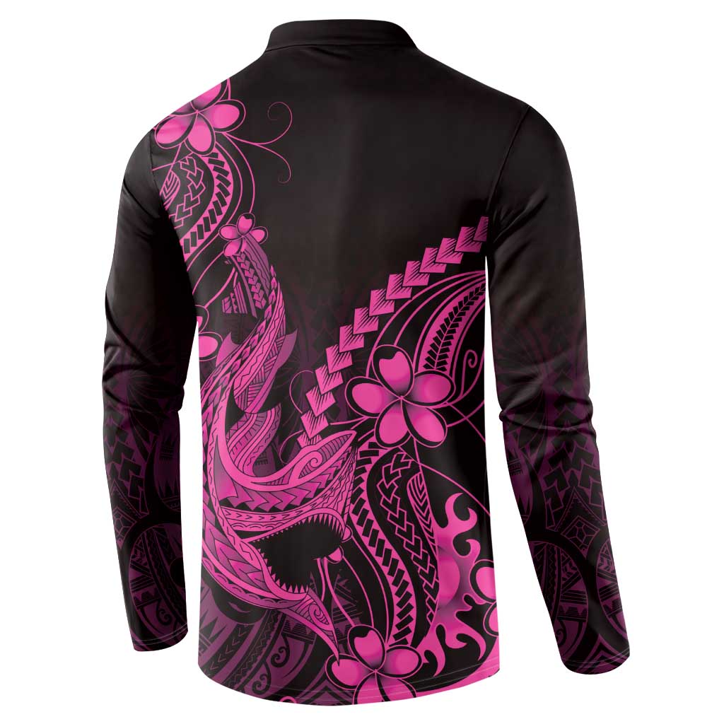 Pink Black Aloha Hawaii Button Sweatshirt Polynesian Shark Tattoo With Plumeria - Polynesian Pride