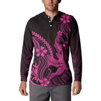 Pink Black Aloha Hawaii Button Sweatshirt Polynesian Shark Tattoo With Plumeria - Polynesian Pride