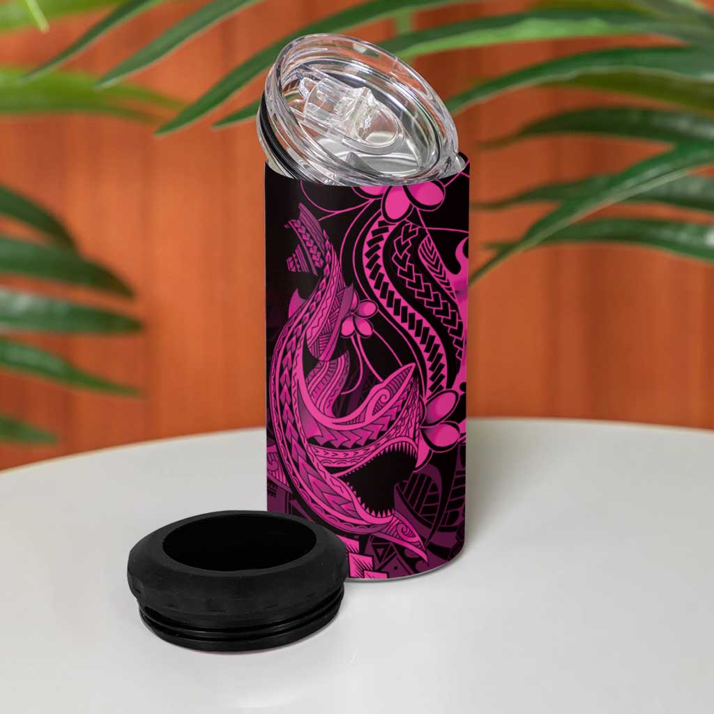 Pink Black Aloha Hawaii 4 in 1 Can Cooler Tumbler Polynesian Shark Tattoo With Plumeria - Polynesian Pride
