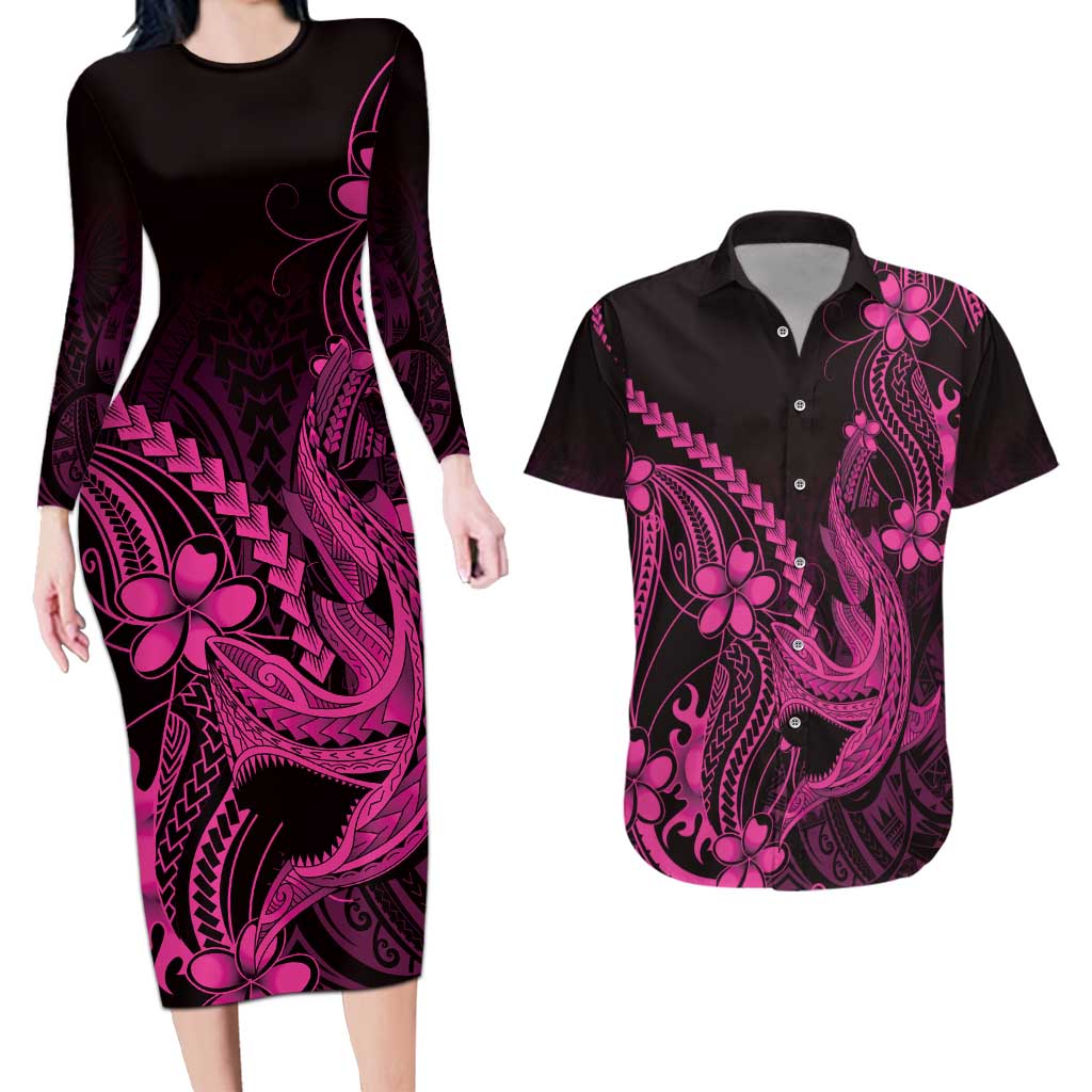 Pink Black Aloha Hawaii Couples Matching Long Sleeve Bodycon Dress and Hawaiian Shirt Polynesian Shark Tattoo With Plumeria - Polynesian Pride