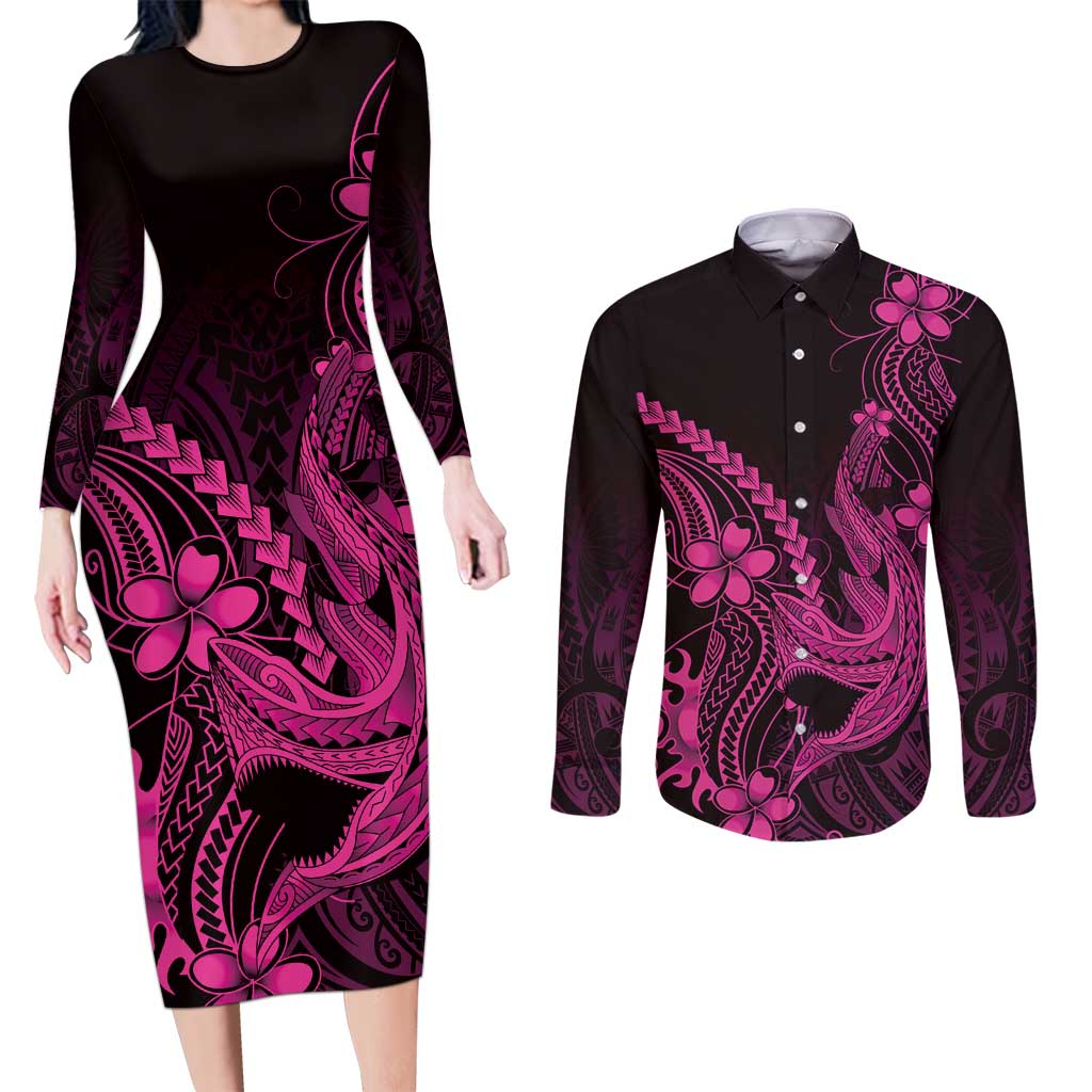 Pink Black Aloha Hawaii Couples Matching Long Sleeve Bodycon Dress and Long Sleeve Button Shirt Polynesian Shark Tattoo With Plumeria - Polynesian Pride