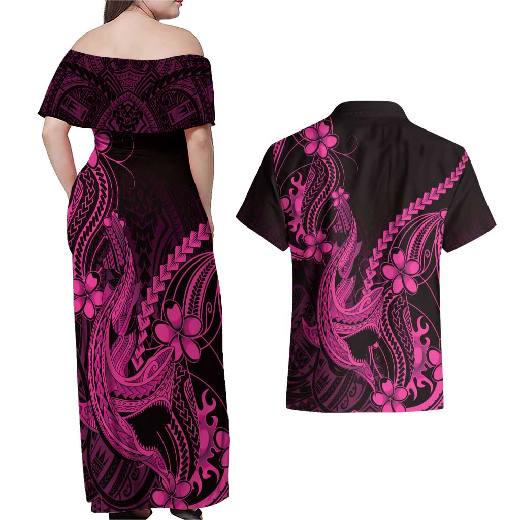 Pink Black Aloha Hawaii Couples Matching Off Shoulder Maxi Dress and Hawaiian Shirt Polynesian Shark Tattoo With Plumeria - Polynesian Pride