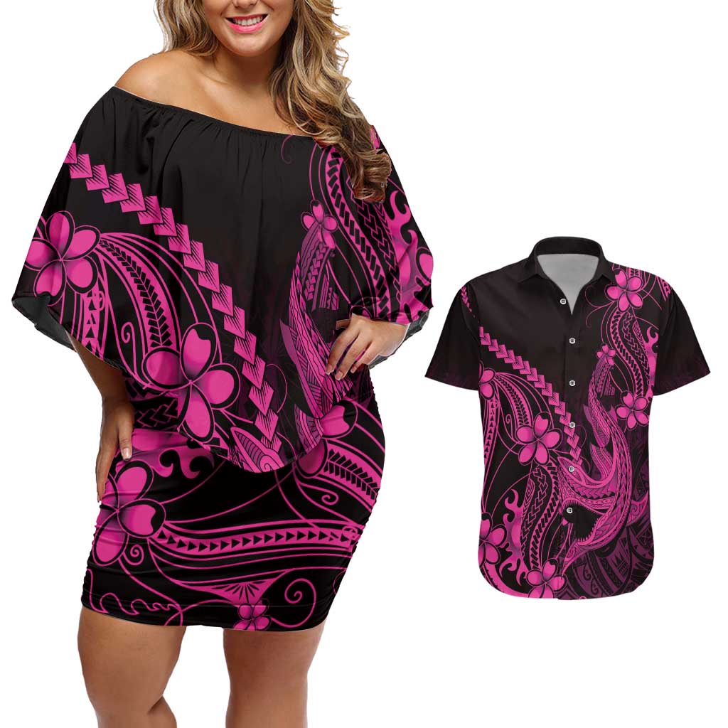Pink Black Aloha Hawaii Couples Matching Off Shoulder Short Dress and Hawaiian Shirt Polynesian Shark Tattoo With Plumeria - Polynesian Pride