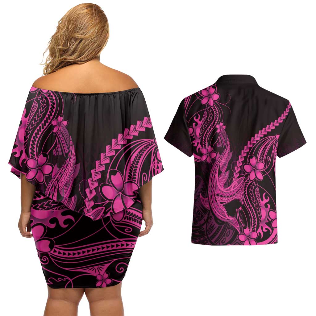 Pink Black Aloha Hawaii Couples Matching Off Shoulder Short Dress and Hawaiian Shirt Polynesian Shark Tattoo With Plumeria - Polynesian Pride