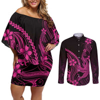 Pink Black Aloha Hawaii Couples Matching Off Shoulder Short Dress and Long Sleeve Button Shirt Polynesian Shark Tattoo With Plumeria - Polynesian Pride