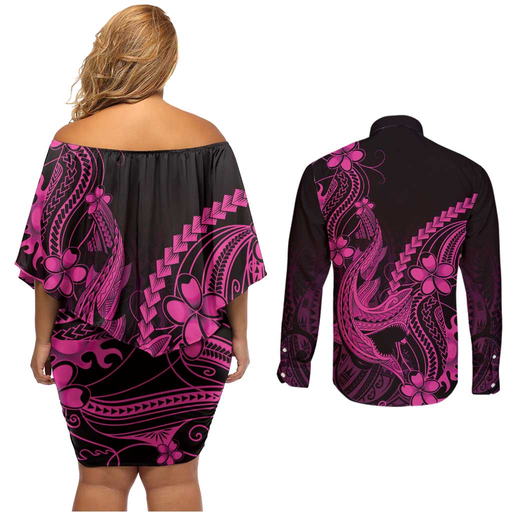 Pink Black Aloha Hawaii Couples Matching Off Shoulder Short Dress and Long Sleeve Button Shirt Polynesian Shark Tattoo With Plumeria - Polynesian Pride
