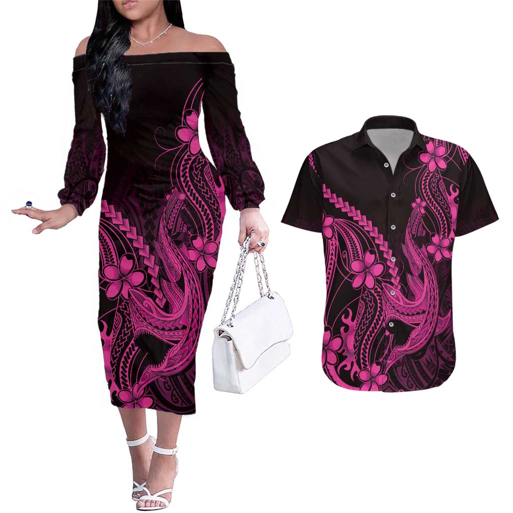 Pink Black Aloha Hawaii Couples Matching Off The Shoulder Long Sleeve Dress and Hawaiian Shirt Polynesian Shark Tattoo With Plumeria - Polynesian Pride