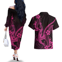 Pink Black Aloha Hawaii Couples Matching Off The Shoulder Long Sleeve Dress and Hawaiian Shirt Polynesian Shark Tattoo With Plumeria - Polynesian Pride