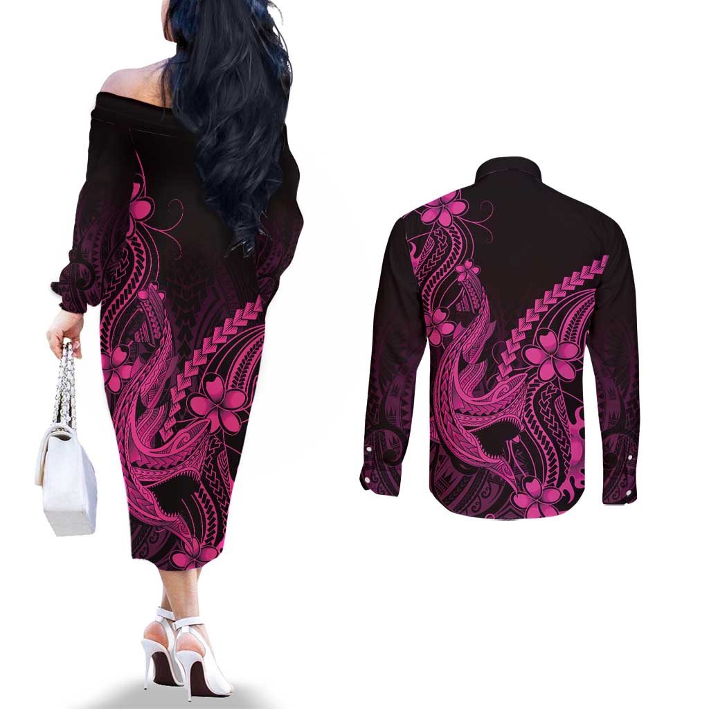 Pink Black Aloha Hawaii Couples Matching Off The Shoulder Long Sleeve Dress and Long Sleeve Button Shirt Polynesian Shark Tattoo With Plumeria - Polynesian Pride