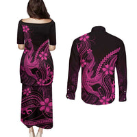 Pink Black Aloha Hawaii Couples Matching Puletasi and Long Sleeve Button Shirt Polynesian Shark Tattoo With Plumeria - Polynesian Pride