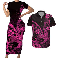 Pink Black Aloha Hawaii Couples Matching Short Sleeve Bodycon Dress and Hawaiian Shirt Polynesian Shark Tattoo With Plumeria - Polynesian Pride