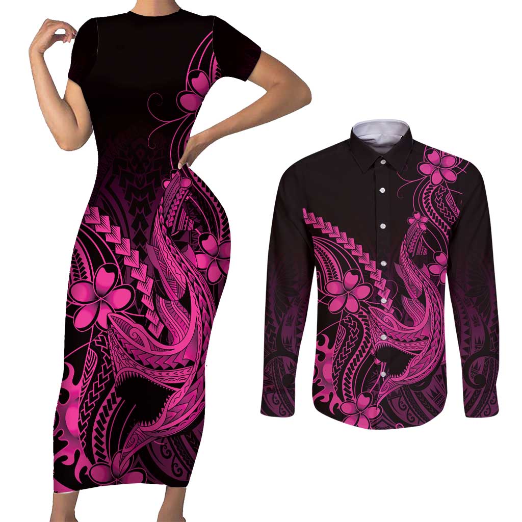 Pink Black Aloha Hawaii Couples Matching Short Sleeve Bodycon Dress and Long Sleeve Button Shirt Polynesian Shark Tattoo With Plumeria - Polynesian Pride