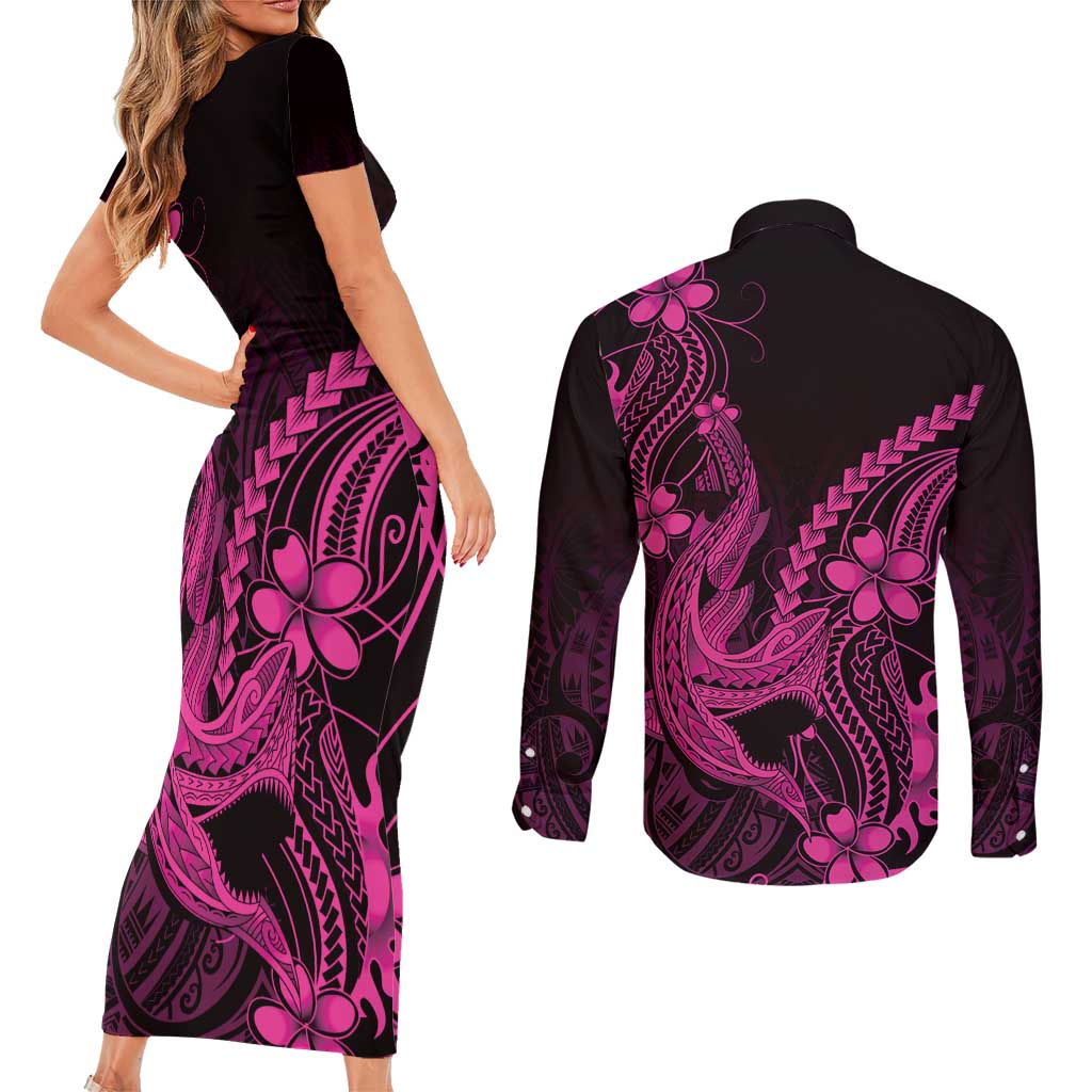 Pink Black Aloha Hawaii Couples Matching Short Sleeve Bodycon Dress and Long Sleeve Button Shirt Polynesian Shark Tattoo With Plumeria - Polynesian Pride