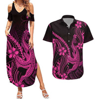 Pink Black Aloha Hawaii Couples Matching Summer Maxi Dress and Hawaiian Shirt Polynesian Shark Tattoo With Plumeria - Polynesian Pride
