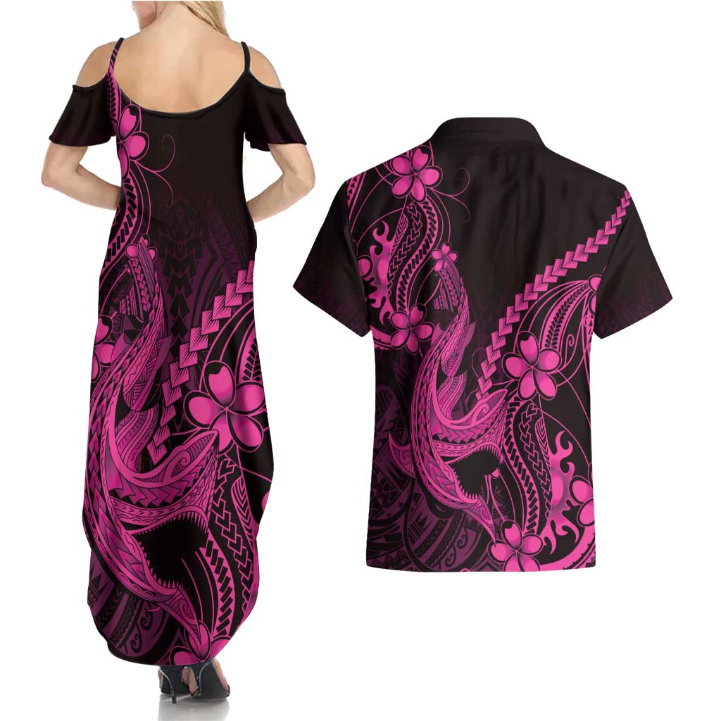 Pink Black Aloha Hawaii Couples Matching Summer Maxi Dress and Hawaiian Shirt Polynesian Shark Tattoo With Plumeria - Polynesian Pride