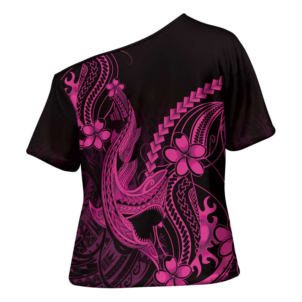 Pink Black Aloha Hawaii Cross Shoulder Shirt Polynesian Shark Tattoo With Plumeria - Polynesian Pride