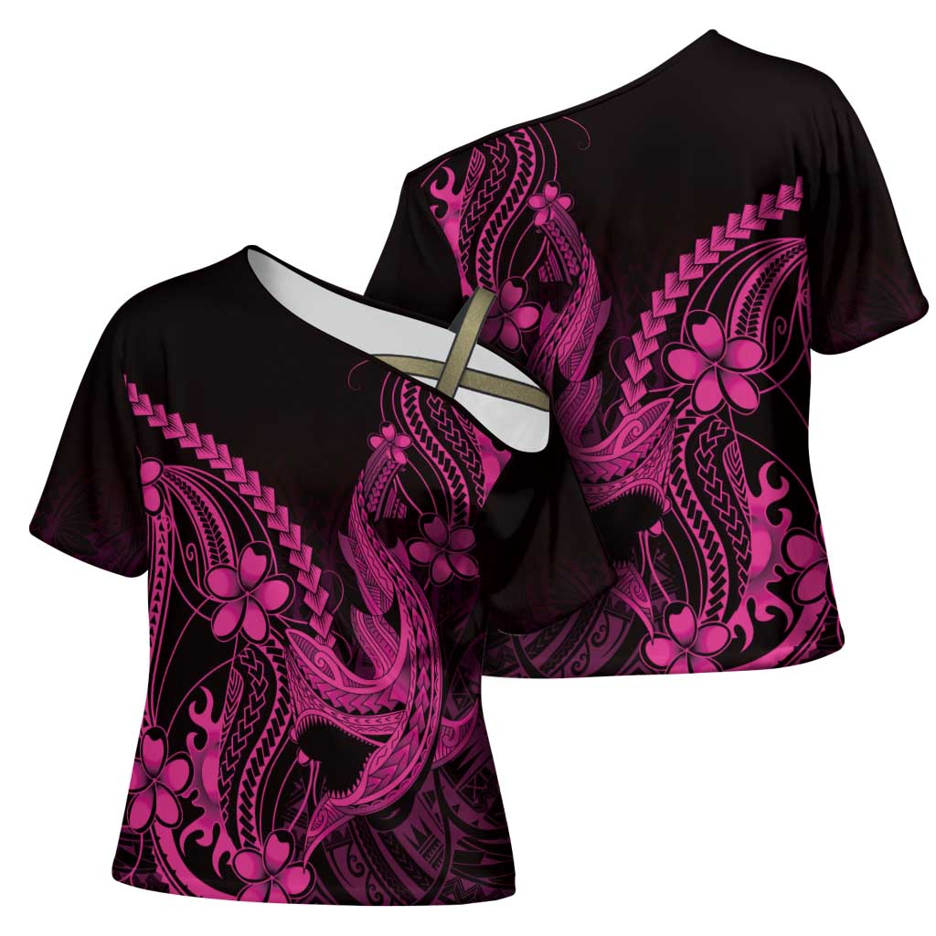 Pink Black Aloha Hawaii Cross Shoulder Shirt Polynesian Shark Tattoo With Plumeria - Polynesian Pride